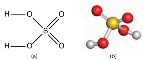 Cấu tạo phân tử sulfuric acid (a) và mô hình phân tử sulfuric acid (b)