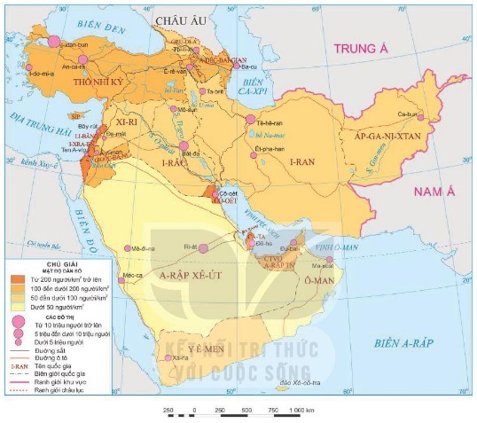 Bản đồ phân bố dân cư khu vực Tây Nam Á năm 2020