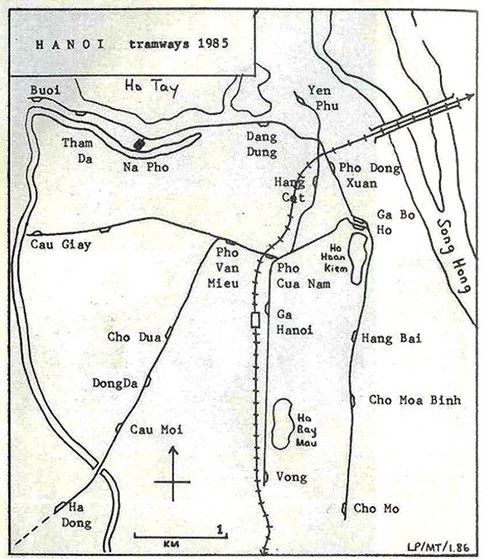 Sơ đồ các tuyến tàu điện Hà Nội năm 1985