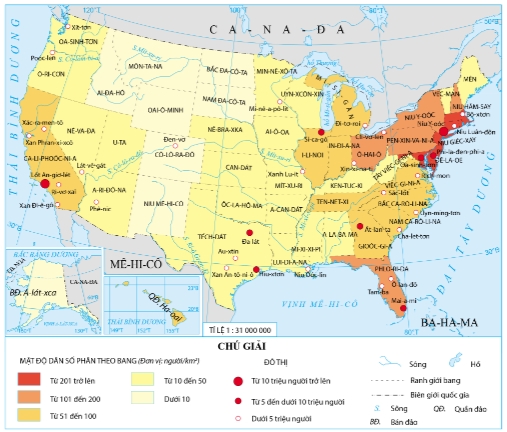 Bản đồ mật độ dân số và một số đô thị lớn của Hoa Kỳ năm 2020