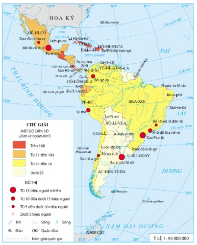 Bản đồ phân bố dân cư và một số đô thị của khu vực Mỹ La-tinh năm 2020
