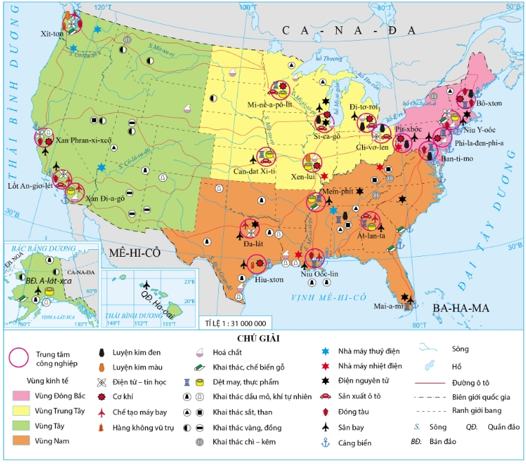 Bản đồ phân bố một số trung tâm công nghiệp và ngành công nghiệp chính của Hoa Kỳ năm 2020