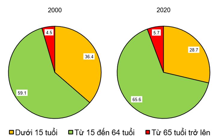 Biểu đồ thể hiện cơ cấu dân số theo tuổi của khu vực Tây Nam Á năm 2000 và 2020