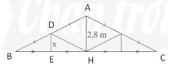 Một mái nhà được vẽ lại như Hình 13. Tính độ dài x trong hình mái nhà.