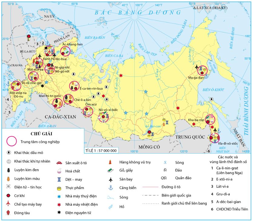 Bản đồ phân bố một số trung tâm công nghiệp và một số ngành công nghiệp của Liên bang Nga năm 2020