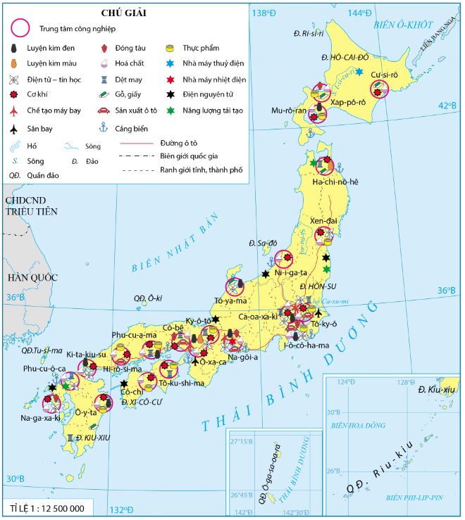 Bản đồ phân bố một số trung tâm công nghiệp và ngành công nghiệp của Nhật Bản năm 2020