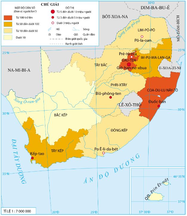 Bản đồ mật độ dân sô và một số đô thị của Cộng hòa Nam Phi năm 2020