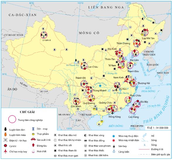 Bản đồ phân bố một số trung tâm công nghiệp và ngành công nghiệp chính của Trung Quốc năm 2020