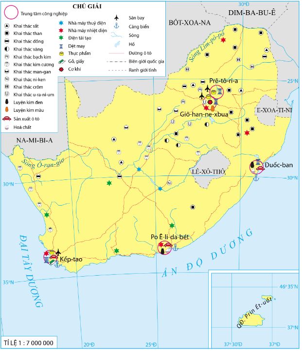 Bản đồ phân bố một số trung tâm công nghiệp và ngành công nghiệp của Cộng hoà Nam Phi năm 2020
