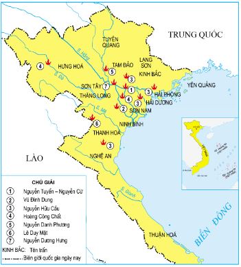 Lược đồ địa điểm diễn ra các cuộc khởi nghĩa nông dân ở Đàng Ngoài thế kỉ XVIII