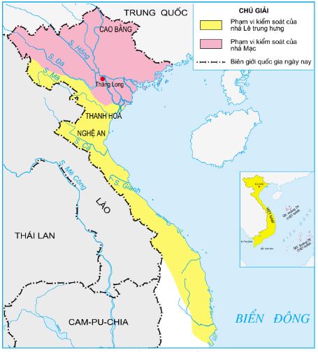 Lược đồ lãnh thổ thuộc quyền kiểm soát của nhà Mạc và nhà Lê trung hưng cuối thế kỉ XVI