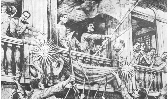 Nhân dân Phi-lip-pin giải phóng thành phố Xi-bu khỏi ách thống trị của thực dân Tây Ban Nha (tháng 4-1898) (tranh vẽ)
