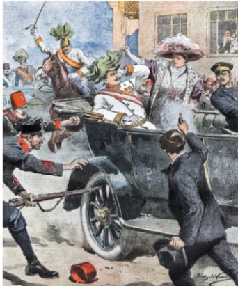 Thái tử Áo - Hung Phéc-đi-năng bị ám sát ở Sa-ra-e-vô ngày 28-6-1914 (tranh vẽ)