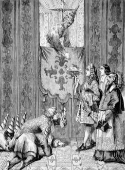 Vua Na-rai (Xiêm) đón tiếp A-lếch-xăng đò Xô-môn (đại diện ngoại giao của Pháp) năm 1685 (tranh khắc)