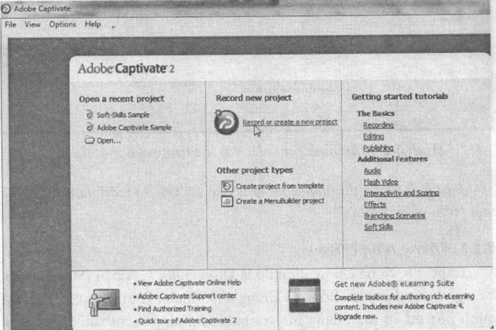 Giao diện ban đầu (start page) của Macromedia Captivate