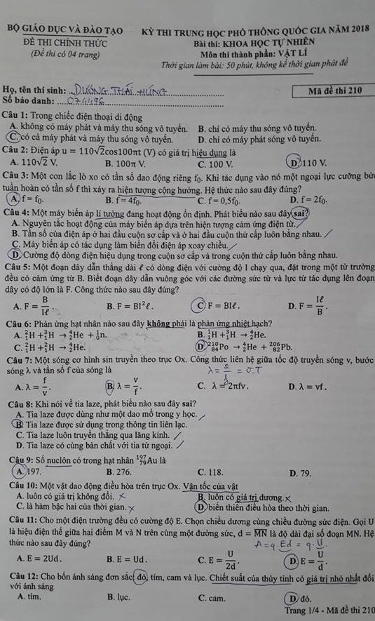 Đề thi môn Lý THPT Quốc Gia 2018- Mã Đề 210