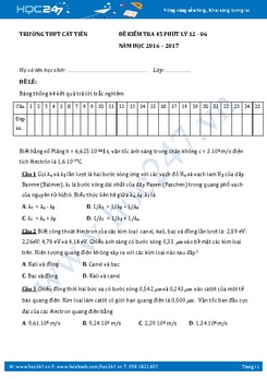 Đề kiểm tra 1 tiết môn Vật lý lớp 12 chương 6 năm 2016-2017 - THPT Cát Tiên (Có đáp án)