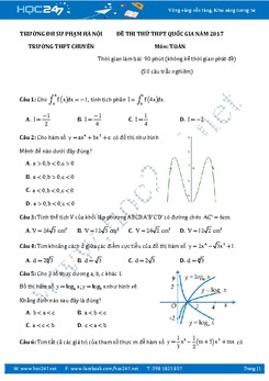 Đề thi thử THPT QG 2017 môn Toán THPT Chuyên ĐH Sư phạm Hà Nội lần 2 có đáp án