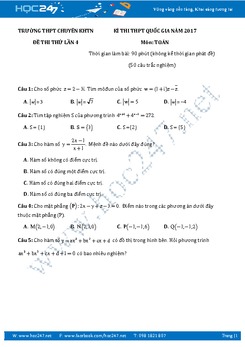 Đề thi thử THPT QG 2017 môn Toán THPT Chuyên Khoa học Tự Nhiên Hà Nội lần 4 có đáp án