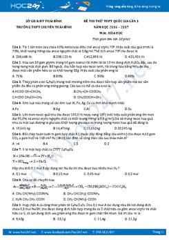 Đề thi thử THPT QG 2017 môn Hóa THPT Chuyên Thái Bình - Thái Bình có đáp án