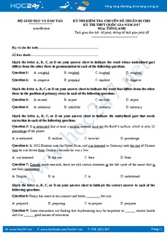 Bộ 3 đề thi thử THPT QG môn Tiếng Anh năm 2017 có đáp án