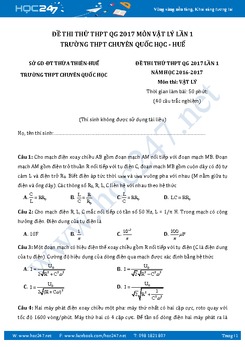 Đề thi thử THPT QG 2017 môn Vật Lý lần 1 trường Chuyên Quốc Học - Huế có đáp án