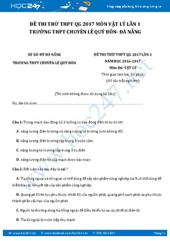 Đề thi thử THPT QG 2017 môn Vật Lý lần 1 trường Chuyên Lê Quý Đôn- Đà Nẵng có đáp án
