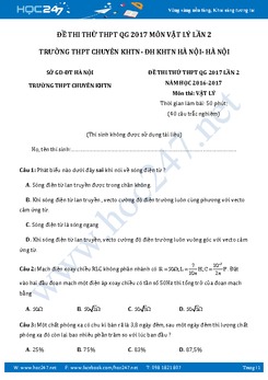 Đề thi thử THPT QG 2017 môn Vật Lý lần 2 trường Chuyên KHTN- Hà Nội có đáp án