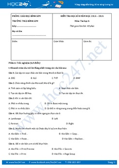 Đề thi học kì 2 môn Tin học lớp 6 có đáp án năm 2016 - Trường THCS Bình Sơn