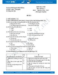 Đề thi học kì 2 môn Sinh học lớp 7 trường THCS Nguyễn Bỉnh Khiêm năm 2016-2017 có đáp án