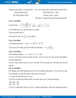 Đề thi HSG Toán 9 cấp huyện năm 2017 Phòng GD&ĐT Phú Lộc có đáp án
