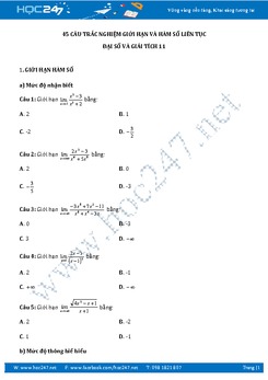 45 Câu Trắc nghiệm Giới hạn và Hàm số liên tục ĐS-GT 11 có đáp án