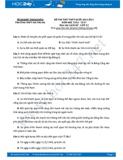 Đề thi thử THPT QG môn Lịch sử năm 2017 - Trường THPT Hà Trung