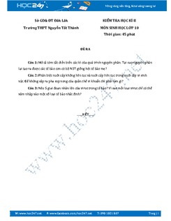 Đề thi học kì 2 môn Sinh học lớp 10 trường THPT Nguyễn Tất Thành.