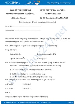 Đề thi thử THPT QG 2017 môn Vật Lý lần 3 trường Chuyên Nguyễn Trãi- Hải Dương
