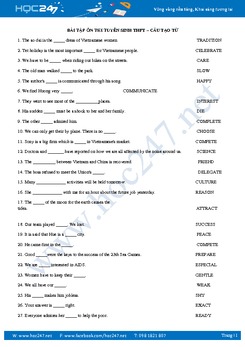 100 câu viết cấu tạo từ Tiếng Anh - Ôn thi tuyển sinh lớp 10 THPT