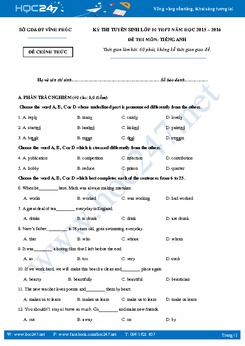 Đề thi tuyển sinh THPT môn Tiếng Anh Vĩnh Phúc năm 2015 -2016