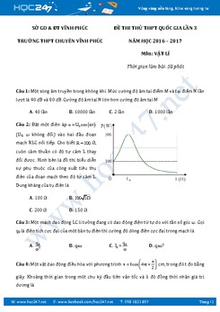 Đề thi thử THPT QG 2017 môn Vật Lý lần 3 THPT Chuyên Vĩnh Phúc có đáp án