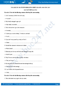 Bài tập viết lại câu ôn thi tuyển sinh lớp 10 THPT chuyên Anh