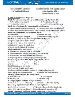 Đề thi học kì 2 môn Sinh học lớp 8 Trường THCS Trần Phú.