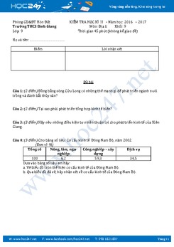 Đề thi học kì 2 môn Địa lý lớp 9 năm 2017 - Trường THCS  Bình Giang