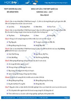 Đề thi thử THPT QG môn Địa lý năm 2017 - Trường THPT Chuyên Hạ Long
