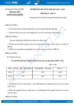 Đề thi học kì 2 môn Địa lý  lớp 12 năm 2016 - Trường THPT Lương Ngọc Quyến