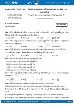 Đề thi và đáp án chính thức kì thi THPT QG năm 2016 môn Vật Lý
