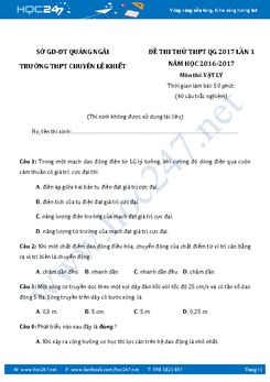Đề thi thử THPT QG 2017 môn Vật Lý THPT Chuyên Lê Khiết- Quảng Ngãi có đáp án