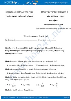 Đề thi thử THPT QG 2017 môn Vật Lý lần 5 trường THPT Trần Phú- Yên Lạc có đáp án