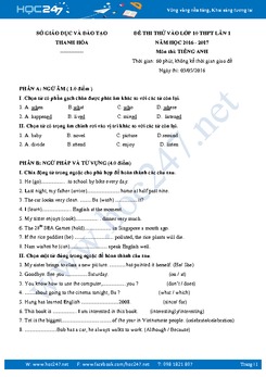 Đề thi thử tuyển sinh THPT lớp 10 lần 1 môn tiếng Anh Sở GD&ĐT Thanh Hóa