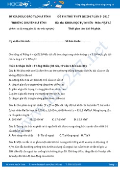 Đề thi thử THPT QG 2017 môn Vật Lý THPT Chuyên  Hà Tĩnh lần 5 có đáp án