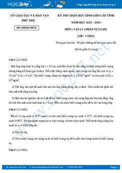 Đề thi HSG Vật lý 9 Sở GD&ĐT Phú Thọ 2015-2016 có lời giải chi tiết