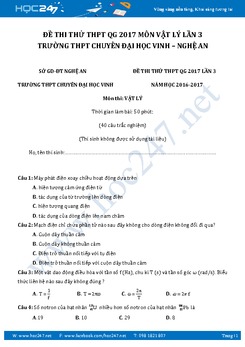 Đề thi thử THPT QG 2017 môn Vật Lý lần 3 trường Chuyên Đại Học Vinh